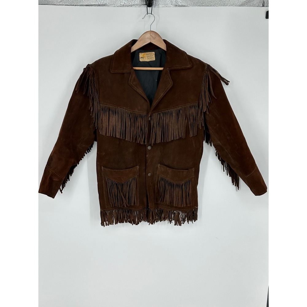 Vintage Simco Dark Brown Leather Jacket W/ Fringe Sz 38 Hippie Boho Coat Suede
